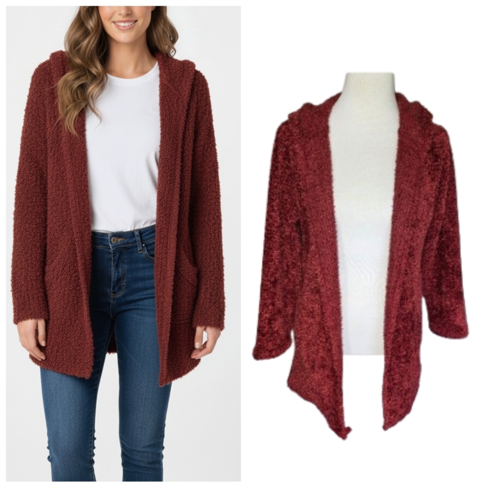 Cozy Rust Hooded Cardigan Sweater By Cleo Women's Size Medium